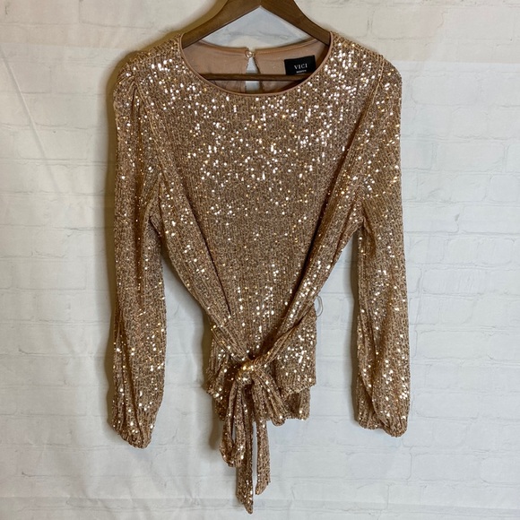 Vici Gold Sequined Lined Long Sleeved Cut Out Blouse - Picture 7 of 14